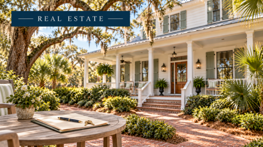 Lowcountry home with closing documents, a pen, and house keys on a patio table beneath a “Real Estate” banner.