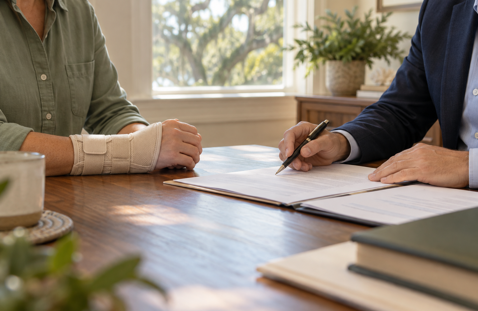 Client wearing a wrist brace reviewing documents with a legal professional.